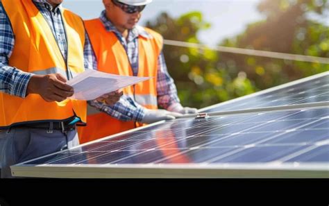 Engineers In Safety Gear Examine Blueprints And Solar Panels On A Sunny