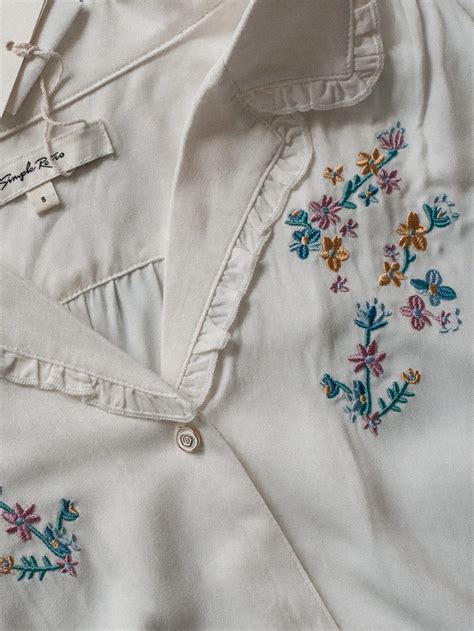 Floral Embroidery Frill Trim Shirred Cuff Blouse Shein Euqs