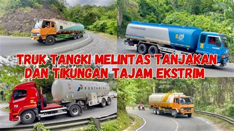 Truk Tangki Pertamina Lintas Barat Pegunungan Melewati Tikungan Tajam