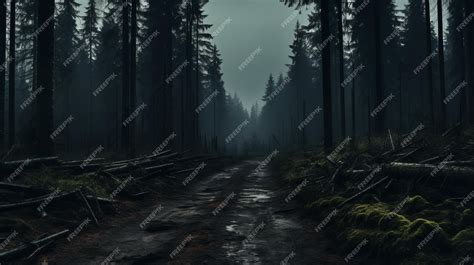 Premium AI Image | a dark road in the middle of a forest at night