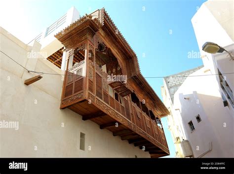 Covered Wooden Balcony Khalaf House Manama Kingdom Of Bahrain Stock