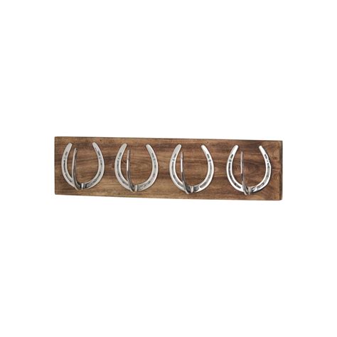 Four Nickel Horse Shoe Hooks On Wooden Board Wholesale By Hill Interiors