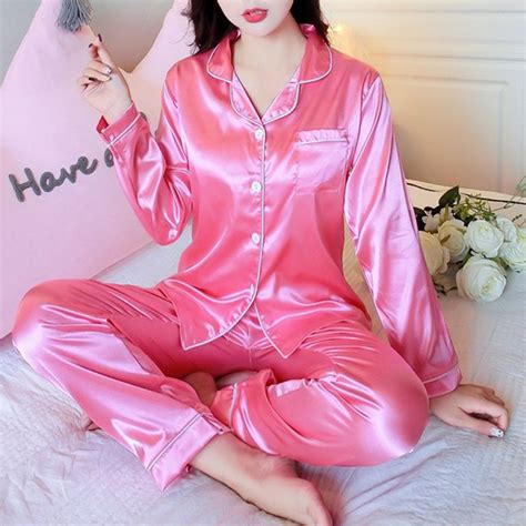 Uaang Women Satin Party Pajamas Set Woman 2 Pieces Pijamas Long Sleeve