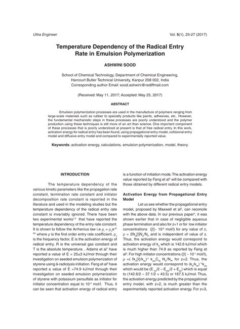 PDF Temperature Dependency Of The Radical Entry Rate In Emulsion