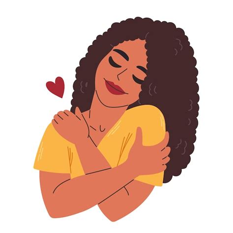 Premium Vector Love Yourself Black Curly Hair Woman Hugging Herself With Heart Love Your