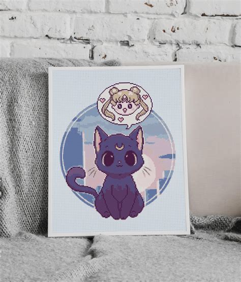Black cat Luna, Sailor moon cross stitch pattern PDF