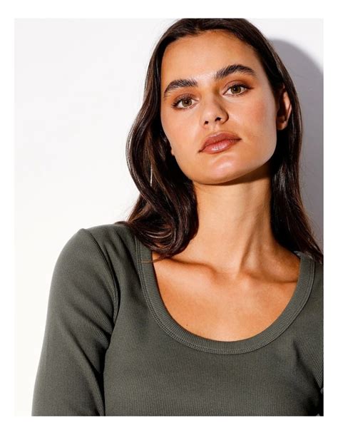 Miss Shop Organic Blend Long Sleeve Scoop Neck Tee In Khaki Myer