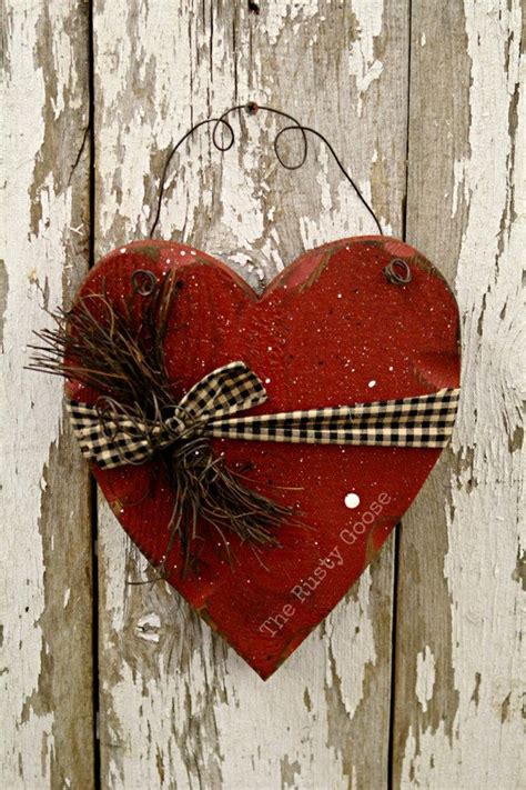 Valentine Decor Primitive Wood Heart Barn Red Rustic Decor