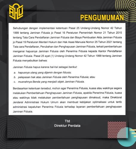 Pengumuman Perubahan Dan Penghapusan Jaminan Fidusia Direktorat