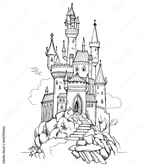 Fantasy illustration of medieval castle. Fairyland kingdom. Black and ...