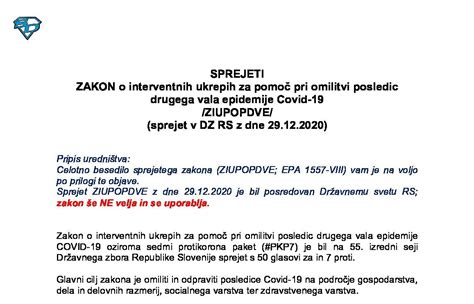 SPREJETI ZAKON o interventnih ukrepih za pomoč pri omilitvi posledic