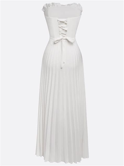 White Pleated Classic Strapless Sleeveless A-Line Maxi Dress | fehaute