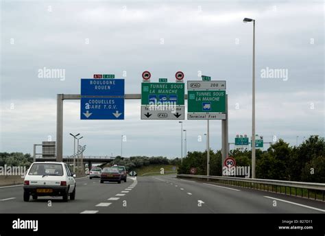 French Motorway System And Direction Signs Calais France Europe Stock