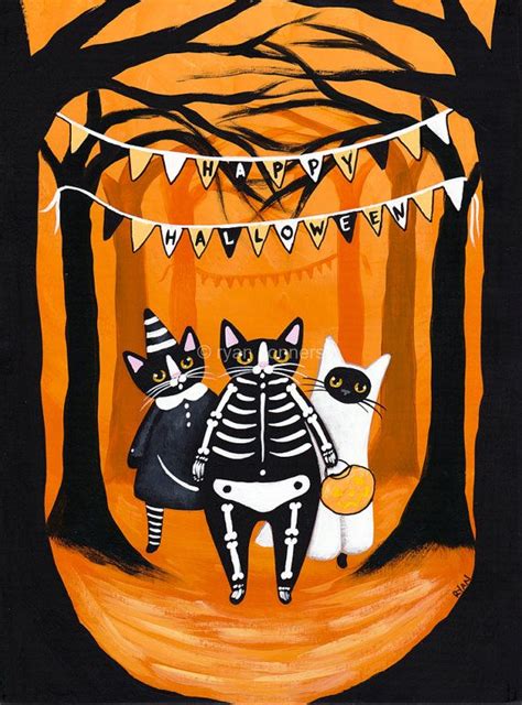 The Halloween Cats Original Cat Folk Art Painting Halloween Cat