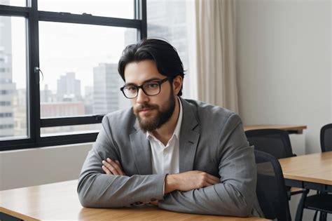 Premium Photo A Man With Glasses Sitting At A Table In Front Of A