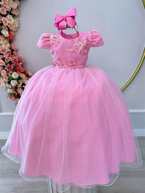 Vestido Infantil Rosa Damas Luxo C Renda E Cinto De P Rolas Rosa