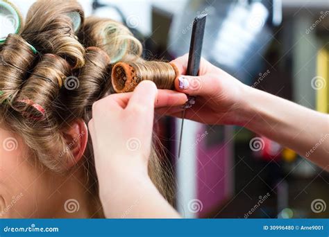 Woman At The Hairdresser Curling Hair Stock Photo Image 30996480