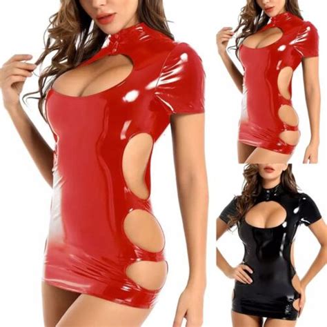 Red Wet Look Kurzes Kleid Pvc Leder Bodycon Glänzend Damen Sexy Club Nachtwäs Ebay