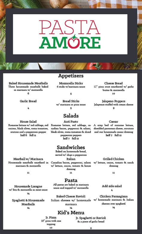 Pasta Amore Menu