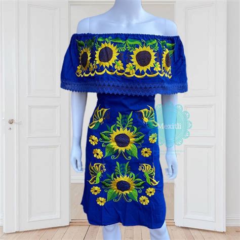 Lace Trim Off The Shoulder Mexican Dress Mexican Sunflower Embroidered