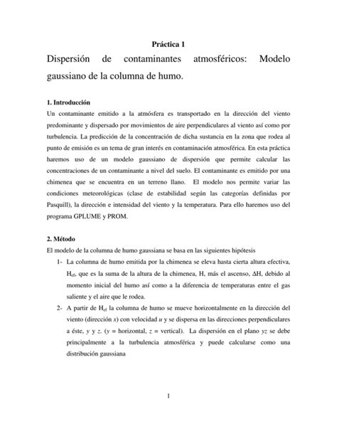 Dispersión de contaminantes atmosféricos Modelo gaussiano de la