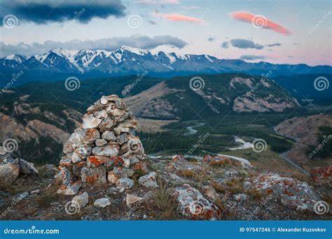 Rock Cairn Marking a Hiking Route in the Altai with a View To Mountain ...