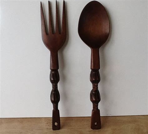 Retro Oversized Wooden Spoon And Fork Set Vintage Mid Etsy Wooden