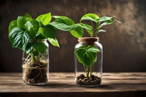 Plantas En Un Frasco De Vidrio Con Una Planta Que Crece Fuera De Ellos