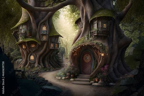 Enchanted Forest Fairy Village Tree Houses Bright Uplifting Magical