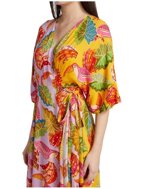 Farm Rio Anthropologie Beaks And Bananas Lilac Maxi Wrap Dress Size S