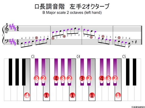 ロ長調音階・左手2オクターブの指使い詳細 全調運指鍵盤図