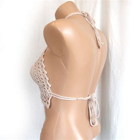 Crochet Beige Bikini Top Open Back Sexy Halter By Knittedsmiles