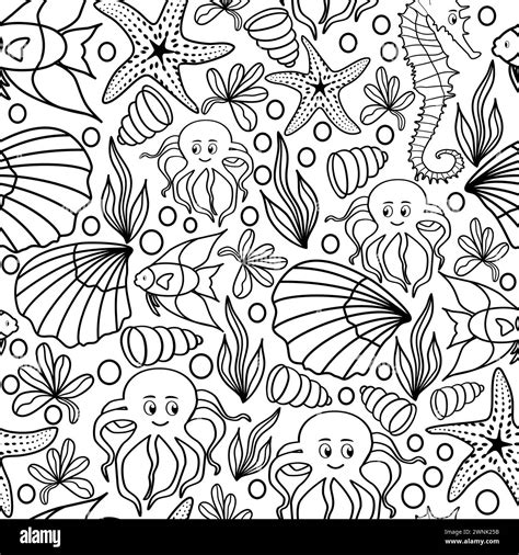 Seamless Doodle Pattern With Sea Creatures Seashells And Starfish