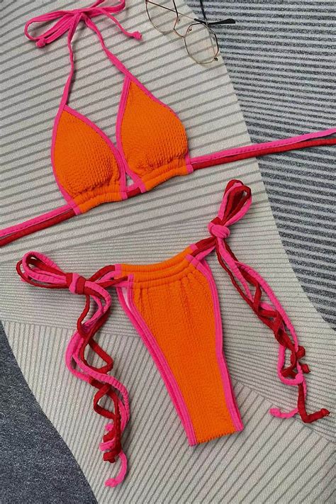 Orange Crinkle Triangle Halter Tie Side Bikini Set ShopperBoard