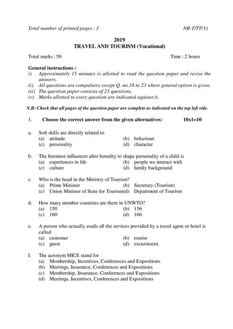 NBSE Class 10 Question Paper 2019 For Travel Tourism