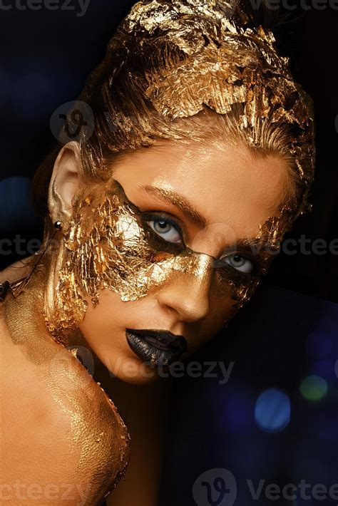 Fashion Art Golden Skin Model Girl With Festive Golden Glamorous Shiny