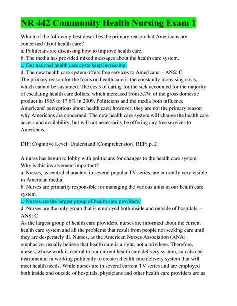 NR 442 Community Health Nursing Exam 1 All Questions Answered Latest