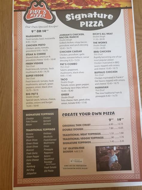 Menu At Ellsworth Pats Pizza Pizzeria Ellsworth 396 High St