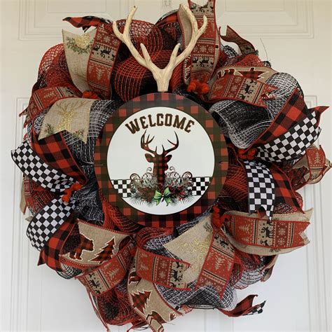 Buffalo Plaid Red And Black Checked Mesh Wreath For Front Etsy