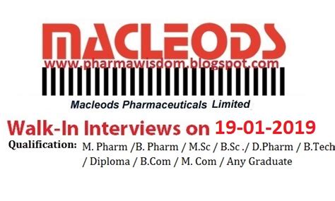 Macleods Pharma Ltd Walk In Interviews For Multiple Openings On Th