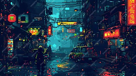 Pixel Art Cityscape Illuminated By Neon Lights At Night Premium Ai Generated Image