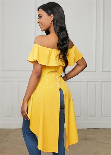 ROTITA Off Shoulder Asymmetric Hem Flounce Blouse Rotita USD