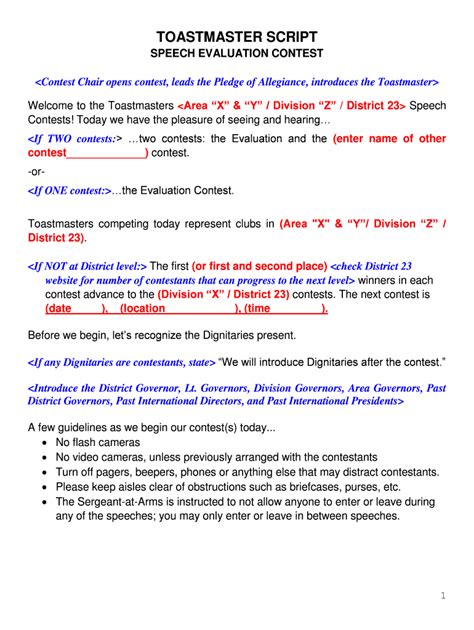 Fillable Online District Toastmaster Script District