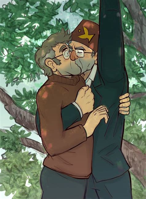 Two People Hugging Each Other In Front Of A Tree With Leaves On The