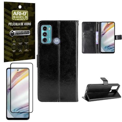 Kit Capinha Carteira Moto G60 Película Vidro 3D Armyshield Kit