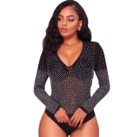 2017 Sexy Long Sleeve Black Mesh Bodysuits Tops Women Rhinestone