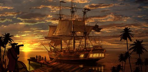 pirate ship sunset fantasy hd wallpaper