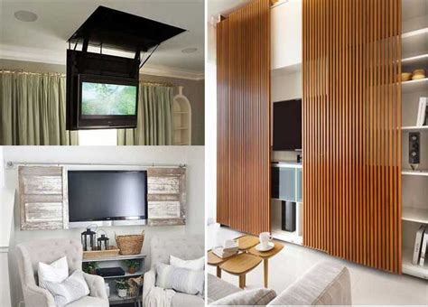 Two Pictures Of A Living Room With White Furniture And Wood Slats On