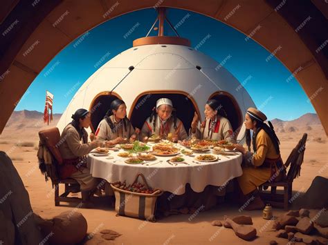 Premium Photo Pilgrims And Native Americans Sharing A Feast Inside A