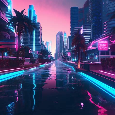 Premium Ai Image A Brightly Lit City Street With Palm Trees And Neon